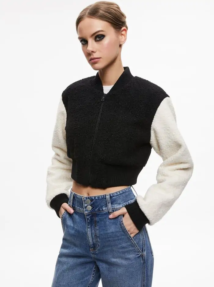 FELISA FUZZY KNIT CROPPED VARSITY JACKET